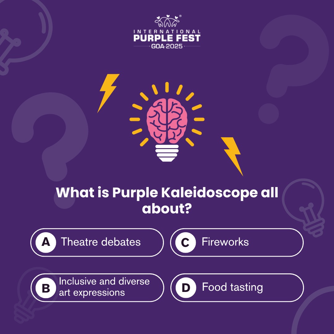 purplefestgoa's tweet image. Purple Quiz Time!
Think you know the International Purple Fest?
Tell us in the comments:
What does the &apos;Purple Kaleidoscope&apos; represent?
Let’s see who gets it right!

Image description in comments

#InternationalPurpleFest2025 #IPFG2025 #AbilityNotDisability #Empowerment