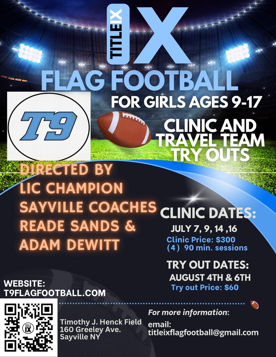 coachsands2's tweet image. T9 Flag Football will be Coached by All Professional football coaches with more than 25 SCCs 12 LICs and 8 Rutgers.
Each team will have year round free QB training,compliment to tuition. If you want your players to improve and help move LI Flag forward, T9 is the Standard!