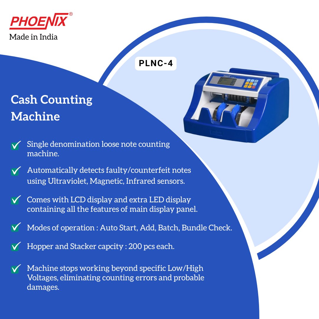 Phoenix_Nitiraj's tweet image. PHOENIX PLNC-4 Currency Counting machine comprises of sturdy and heavy design combined with modern electronic technology.

For more details, visit nitiraj.net/product/plnc-4/ 

#currencycounting #notecountingmachine #fakenotedetection #phoenix #nitirajengineers #madeinindia