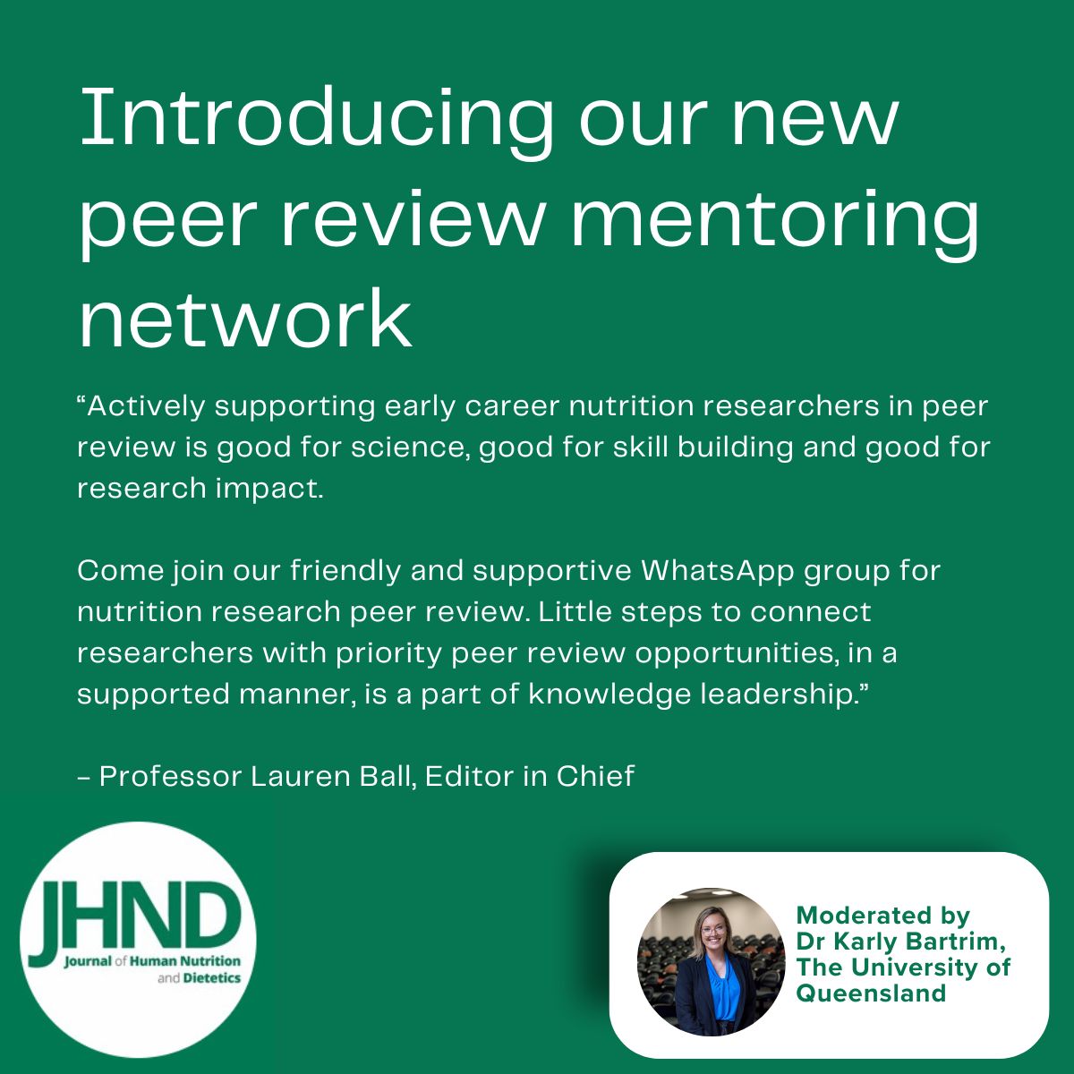 Journal of Human Nutrition and Dietetics (@jhnd_official) on Twitter photo JHND Editor-In-Chief <a href="/ProfLaurenBall/">Lauren Ball</a> has started a WhatsApp group to support and mentor early career peer reviewers in nutrition and dietetics.
Interested in joining this global network? Submit your EOI: uniofqueensland.syd1.qualtrics.com/jfe/form/SV_0D… JHND Editor-In-Chief <a href="/ProfLaurenBall/">Lauren Ball</a> has started a WhatsApp group to support and mentor early career peer reviewers in nutrition and dietetics.
Interested in joining this global network? Submit your EOI: uniofqueensland.syd1.qualtrics.com/jfe/form/SV_0D…