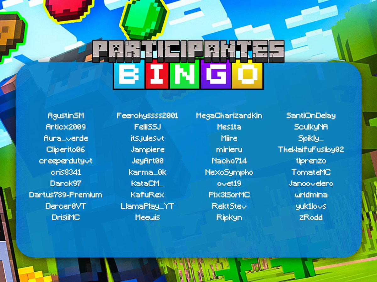 Buenos días gente! esta es la lista oficial de participantes para el torneo de bingo en minecraft del día de hoy! 💙🦟
