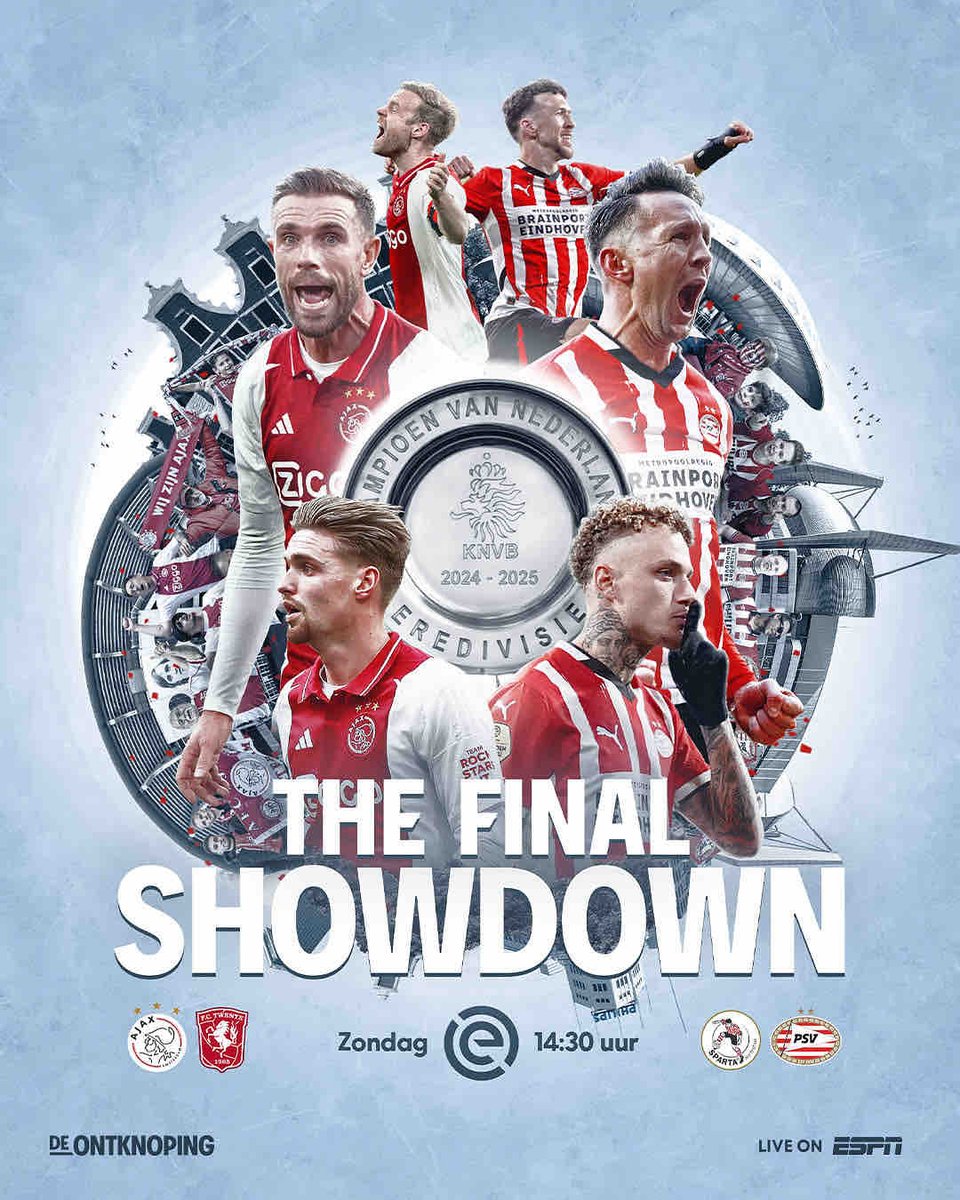 𝙉𝙤 𝙢𝙤𝙧𝙚 𝙞𝙛𝙨. 𝙉𝙤 𝙢𝙤𝙧𝙚 𝙨𝙚𝙘𝙤𝙣𝙙 𝙘𝙝𝙖𝙣𝙘𝙚𝙨. 🏆
The title, the pride, the legacy. @psv or @afcajax – only one will rise. Kick-off: Sunday 14:30 CET, live on @espnnl
𝗧𝗵𝗲 𝗙𝗶𝗻𝗮𝗹 𝗦𝗵𝗼𝘄𝗱𝗼𝘄𝗻 #onsvoetbal 

Lees meer 👉eredivisie.nl/nieuws/slotstu…