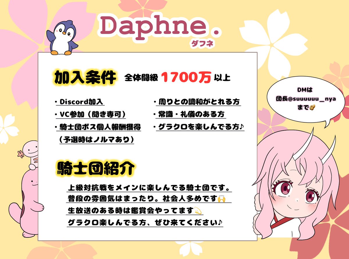 rie__neko's tweet photo. 初募集かけ🫨

対抗戦お疲れ様ですぅ🗽
来期に向けてDaphne.数名団員募集してます🙂‍↕️

基本のんびりしてますが、やる時はやる騎士団です🙌

入団希望や興味ある方、連絡お待ちしてます📨🕊️
DMは団長@Suuuuuu_nya まで〜🥜

#グラクロ 
#騎士団募集 
#騎士団員募集 https://t.co/Xba64ozhFH
