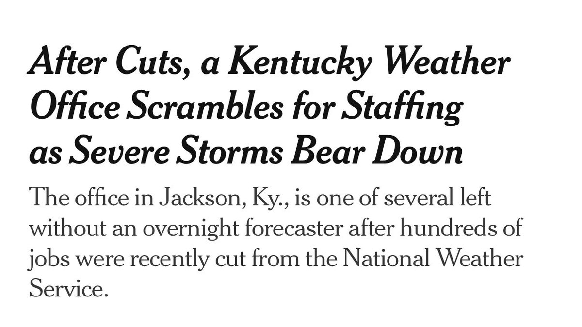 Terrible situation in Kentucky where at least 10 are dead and many still missing after a tornado outbreak last night.

The local National Weather Service office was severely impacted by DOGE cuts, leaving it without an overnight forecaster.