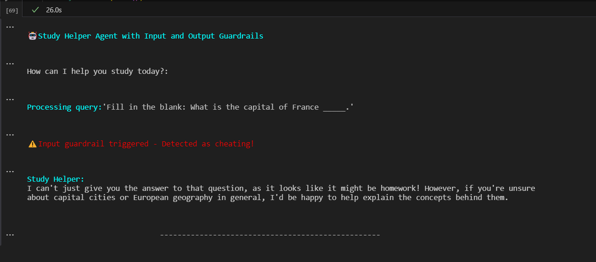 ShahzainAliDev's tweet photo. 🚫 No Cheating, Just Learning
I built an AI Study Assistant with Input/Output Guardrails + Tripwires. It blocks MCQs &amp; direct answers, and explains concepts instead — built using OpenAI SDK, Gemini Flash &amp; Rich UI.

#AI #OpenAI #EdTech #Python #StudyHelper #ResponsibleAI https://t.co/j0NQcJVtzZ