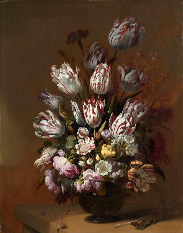 Floral Still Life, Hans Bollongier, 1639   (Rijksmuseum)  This composition shows a variety of flowers which do not bloom at the same time.