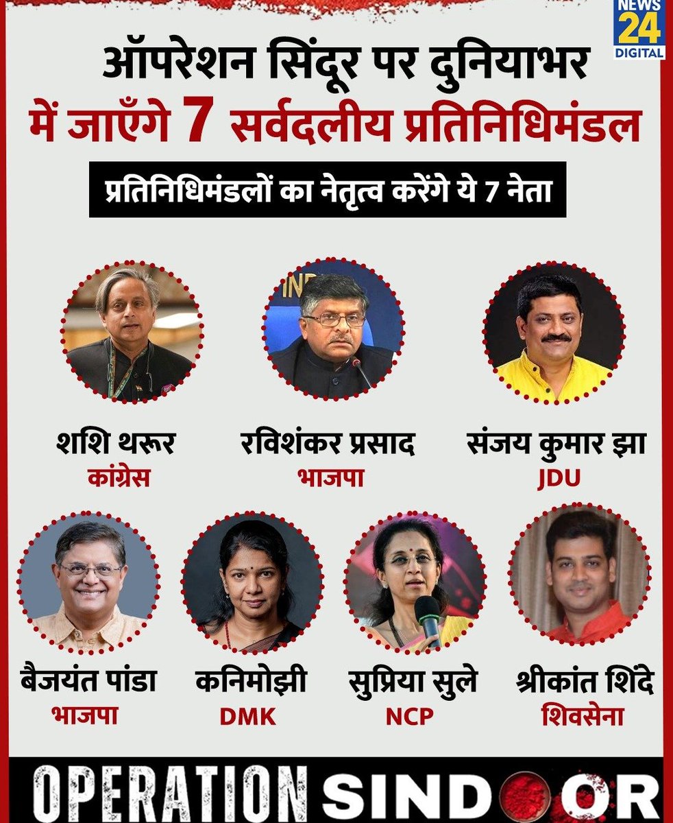 ऑपरेशन सिंदूर और आतंकवाद के खिलाफ वैश्विक समर्थन जुटाने को 7 सदस्यीय सर्वदलीय प्रतिनिधिमंडल करेगा अंतरराष्ट्रीय दौरा

◆ केंद्र सरकार ने सूची जारी की

शशि थरूर | रविशंकर प्रसाद | कनिमोझी | सुप्रिया सुले | बैजयंत पांडा | संजय झा | श्रीकांत शिंदे
#OperationSindoor