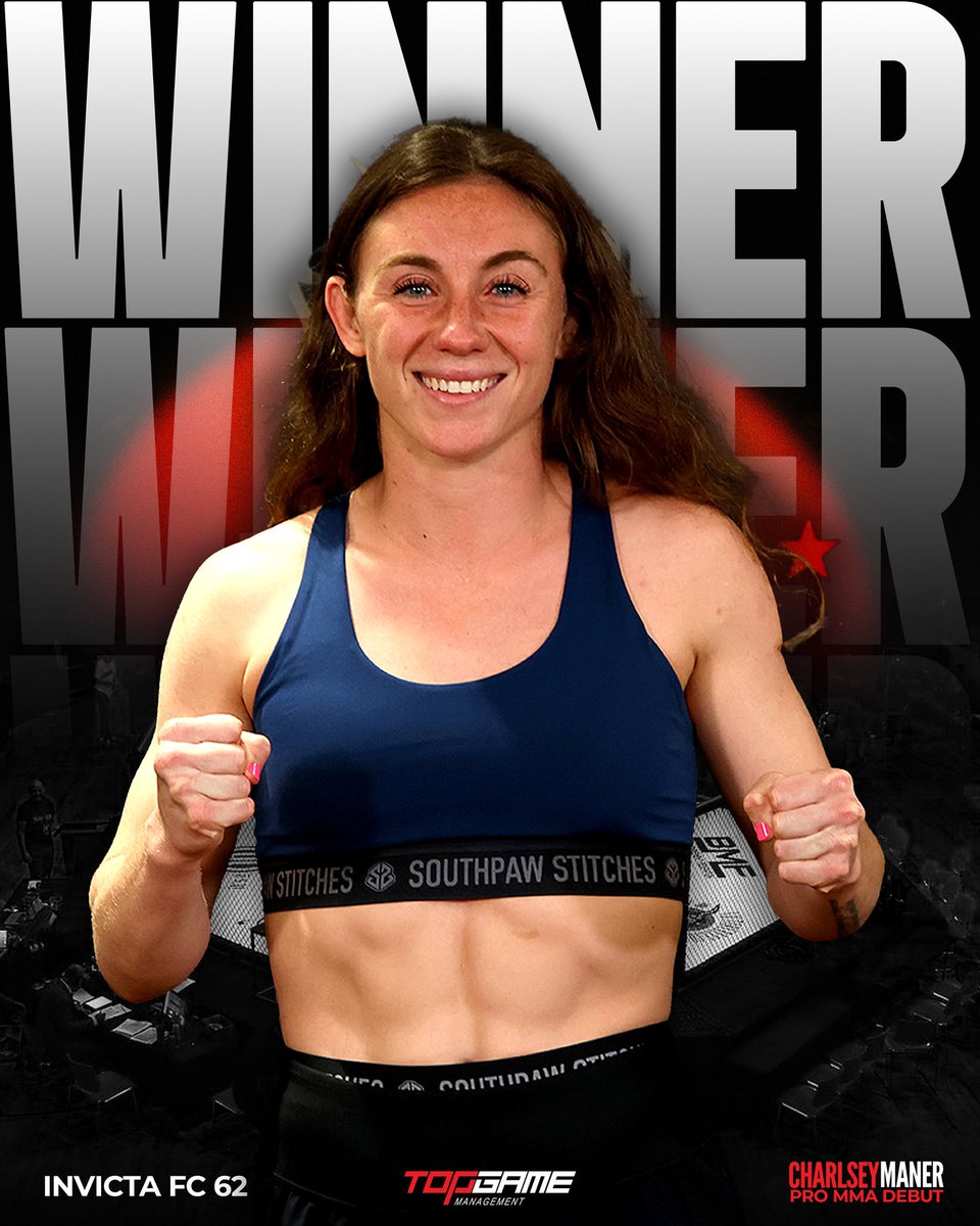 That’s a pro debut W! ☝🏻

1-0, it’s a beautiful thing. Big congrats to Charlsey Maner on a hard fought decision win. 

This is only the beginning! 😎

#TeamTopGame #InvictaFC62

Art by TJ Carvalho 🖼️
