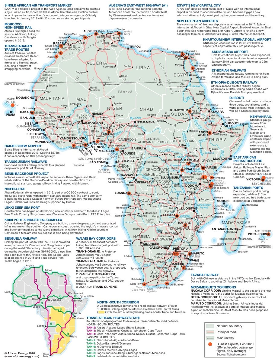 👉🏽💥 Mapa DEFINITIVO dónde aparecen TODAS las conexiones e infraestructuras de #África.

‼️ Aparecen TODAS las carreteras, ferrocarriles, puertos, aeropuertos y proyectos que nos ayudan a comprender su movimiento.

🔁 Difusión para más mapas como este.

🌍 Fuente: African Energy.