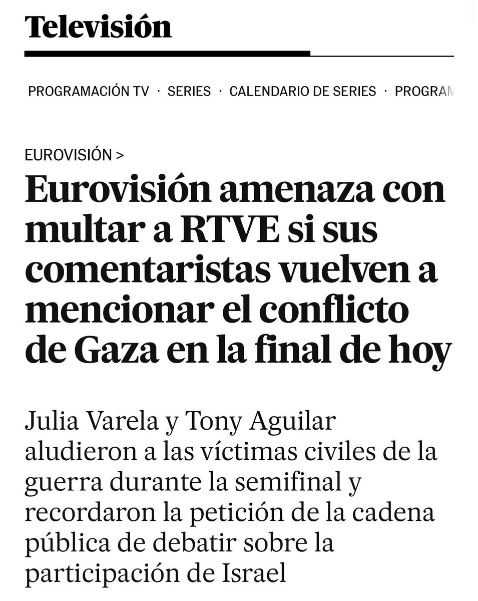 Pues se paga la multa todos los días si es necesario. Ahí ni una tacha a <a href="/rtve/">RTVE</a> y de paso recordar que RTVE como miembro de la <a href="/EBU_HQ/">EBU</a> tiene toda la legitimidad para pedir que se debata en su seno la permanencia de Israel, tal como dijo <a href="/Josepablo_ls/">José Pablo López</a> y le dijeron que ya otro día.