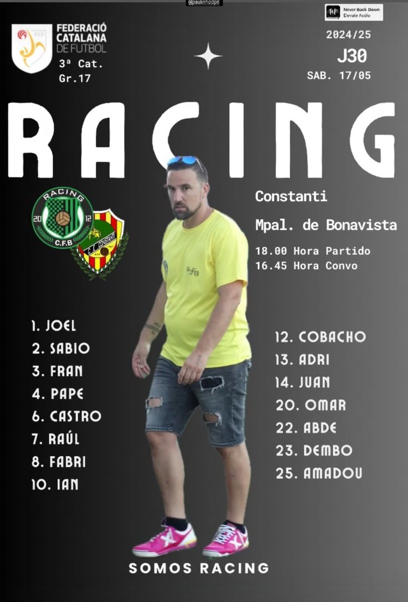 ℙ𝕒𝕣𝕥𝕚𝕕𝕠𝕤 𝕗𝕚𝕟 𝕕𝕖 𝕤𝕖𝕞𝕒𝕟𝕒
𝗦á𝗯𝗮𝗱𝗼
𝟏𝟖:𝟎𝟎 Constanti-AmateurA
𝗗𝗼𝗺𝗶𝗻𝗴𝗼
𝟏𝟎:𝟎𝟎 Benjamin-Catllar

Somos <a href="/RCFBonavista/">Racing CF Bonavista</a> #neverstop <a href="/FCF_CAT/">Federació Catalana de Futbol</a> Que ruede el balon ⚽️ 🥅 
Sentimiento racinguista 💚🖤💚🖤💚