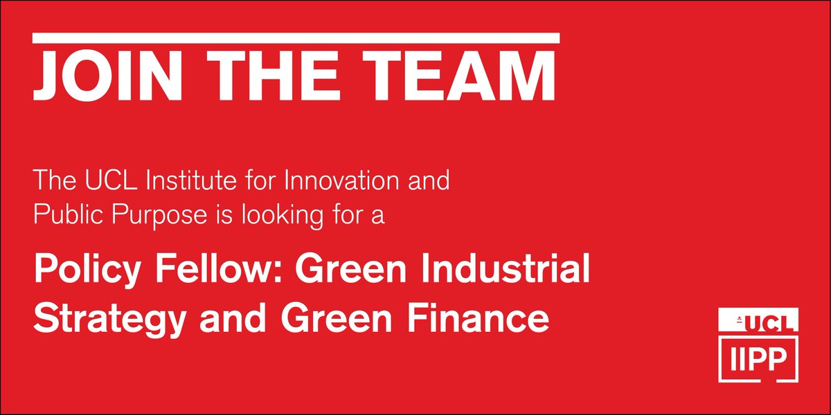 UCL Institute for Innovation and Public Purpose (@iipp_ucl) on Twitter photo ❗️Application deadline: Monday 19th May
We are looking for a new Policy Fellow, specializing in Green Industrial Strategy and Green Finance, to join <a href="/IIPP_UCL/">UCL Institute for Innovation and Public Purpose</a> Director <a href="/MazzucatoM/">Mariana Mazzucato</a>'s office.
🔗 Learn more and apply here: buff.ly/wWkAmme ❗️Application deadline: Monday 19th May
We are looking for a new Policy Fellow, specializing in Green Industrial Strategy and Green Finance, to join <a href="/IIPP_UCL/">UCL Institute for Innovation and Public Purpose</a> Director <a href="/MazzucatoM/">Mariana Mazzucato</a>'s office.
🔗 Learn more and apply here: buff.ly/wWkAmme