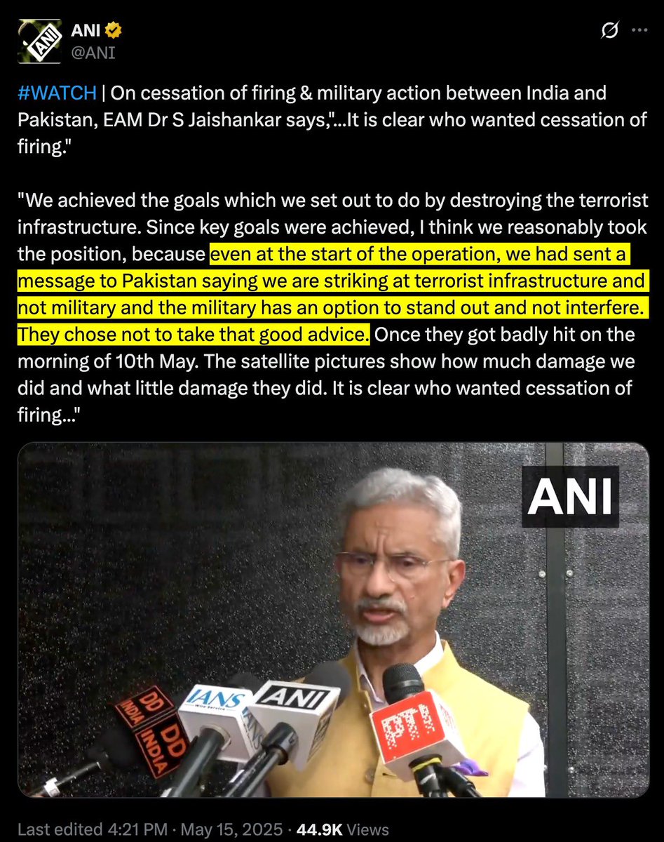 विदेश मंत्री एस जयशंकर के बयान को लेकर नेता प्रतिपक्ष राहुल गांधी ने सवाल पूछा है। इस बयान को लेकर रक्षा जानकार प्रवीण साहनी ने पोस्ट किया है तो उसे PIB ने भ्रामक बताया है। भ्रामक क्या है PIB ने नहीं बताया है। विदेश मंत्री एस जयशंकर का बयान 15 मई का है। वीडियो बाइट के फ्रेम में