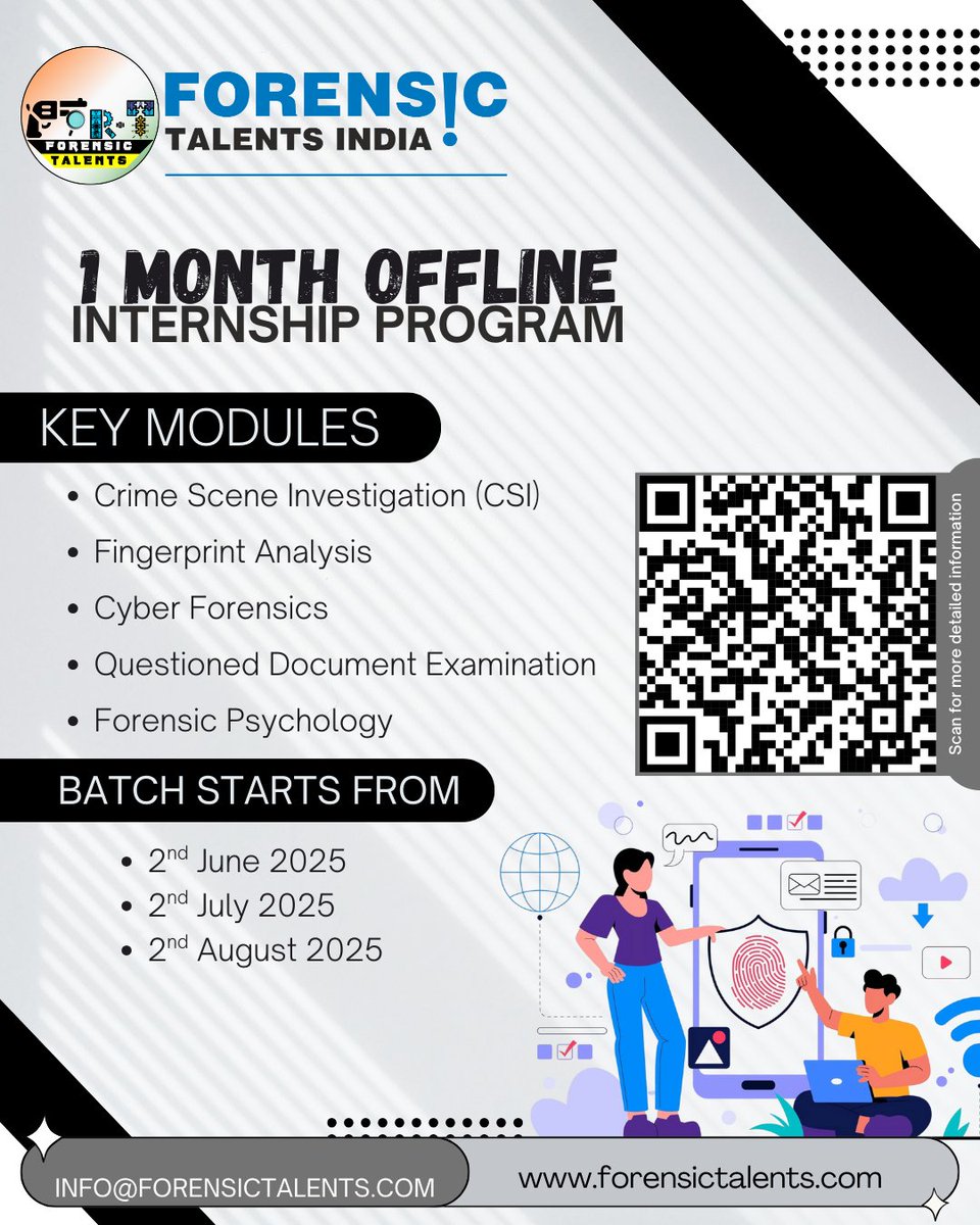 4n6talentsIndia's tweet image. Join our 1-Month Offline Internship Program designed to provide you with hands-on training, expert mentorship, and practical exposure to the dynamic field of forensic science.
Scan the QR code or register here: forms.gle/6N8LNxGpxwu381…
#ForensicInternship #OfflineInternship