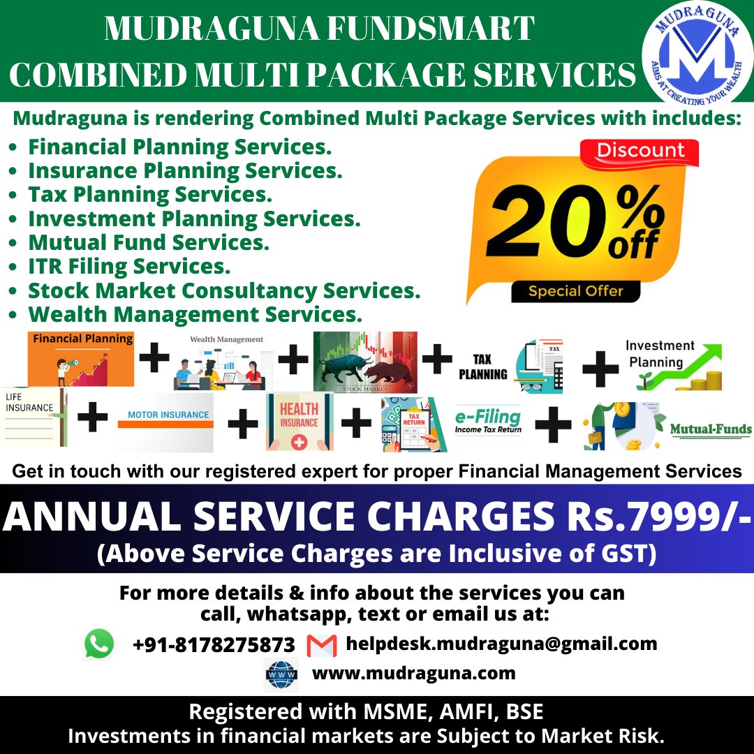 MudragunaF's tweet photo. Mudraguna is offering 20% special discount offer on its Combined Multi Package Services from Rs.9999/- to Rs.7999/- at reasonable service charges.
#mudraguna #india #services #consultancy #multipleservices #financialplanning #investmentplanning #InsurancePlanning  #specialoffer https://t.co/3bScmZxI0O