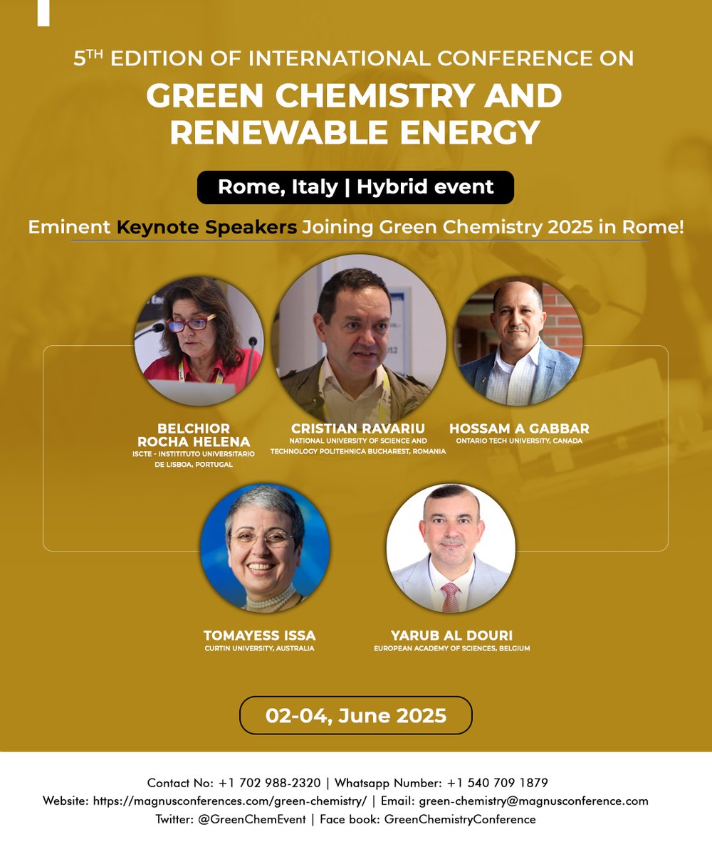 Green Chemistry 2025 (@greenchemevent) on Twitter photo Only a few days left until <a href="/GreenChemEvent/">Green Chemistry 2025</a> kicks off! 🌿 Join us from June 2-4, 2025, as leading experts share the latest innovations in sustainable chemistry.
📅: June 2-4, 2025
🚩:Rome, Italy
🔗:greenchemistry.magnusconferences.com/register
⏳Hurry up — confirm your slot now and get your meeting ID! Only a few days left until <a href="/GreenChemEvent/">Green Chemistry 2025</a> kicks off! 🌿 Join us from June 2-4, 2025, as leading experts share the latest innovations in sustainable chemistry.
📅: June 2-4, 2025
🚩:Rome, Italy
🔗:greenchemistry.magnusconferences.com/register
⏳Hurry up — confirm your slot now and get your meeting ID!