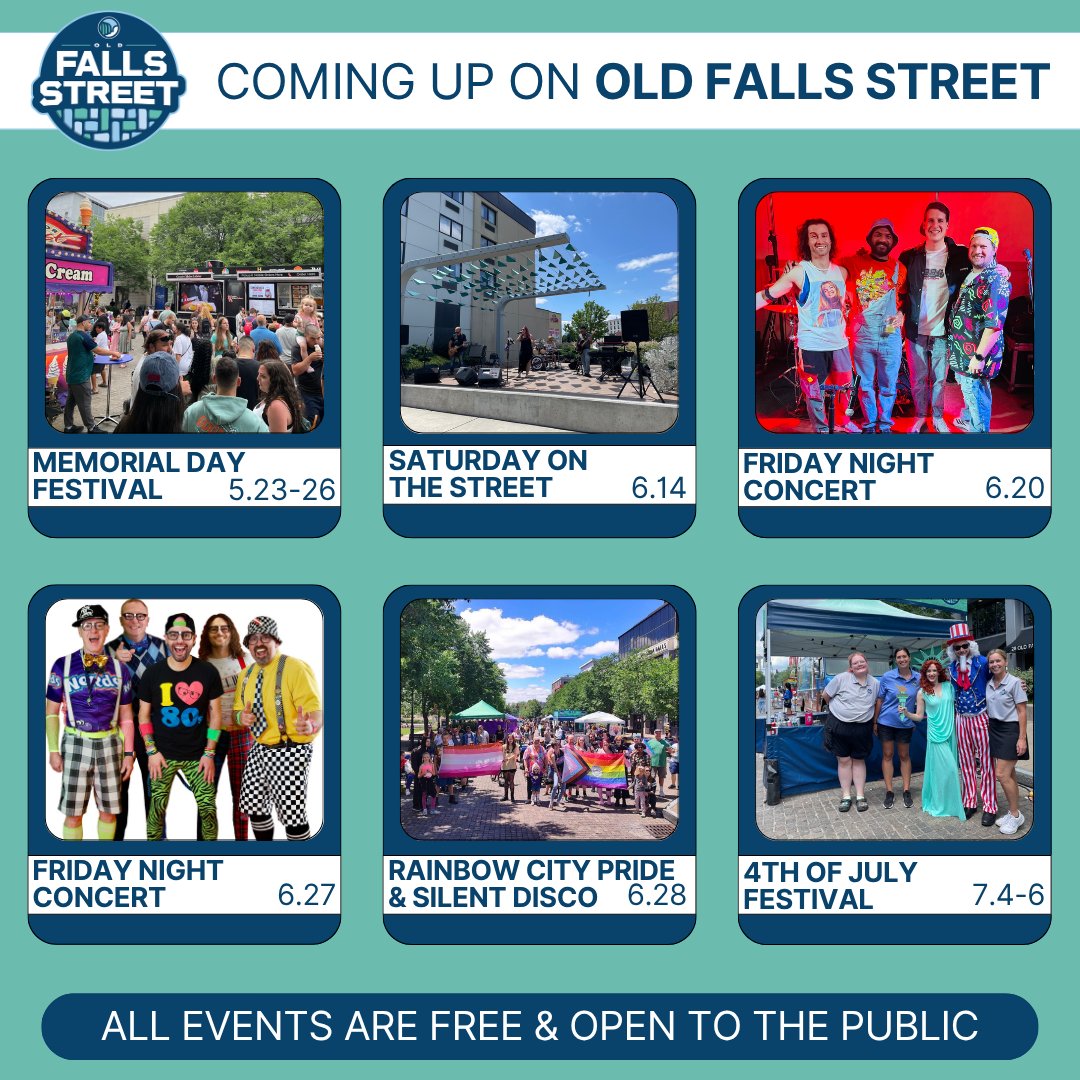 Things are heating up on #OldFallsStreet! ☀️ 

Check out our upcoming events, beginning with next week's Memorial Day Weekend Festival. 🎊 ⬇️ 

Find more details here: bit.ly/3BASeVs