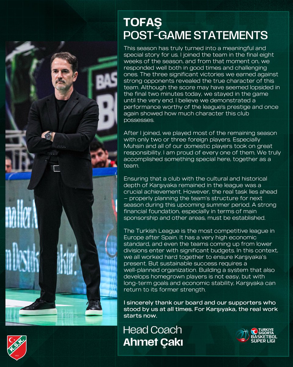 🎙️ Başantrenörümüz Ahmet Çakı’nın Tofaş maçı sonrası değerlendirmeleri: