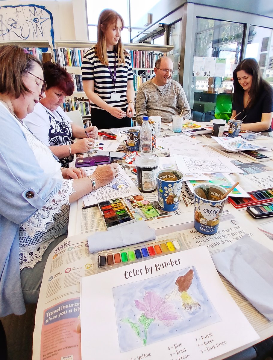Action Mental Health New Horizons (Ards) took a trip to a coffee &amp; crafts class in Comber Library for #MentalHealthAwarenessWeek in partnership with Tesco. 

A great way to prioritise mental wellbeing, and spend time with our community 💜#ThisIsMyCommunity