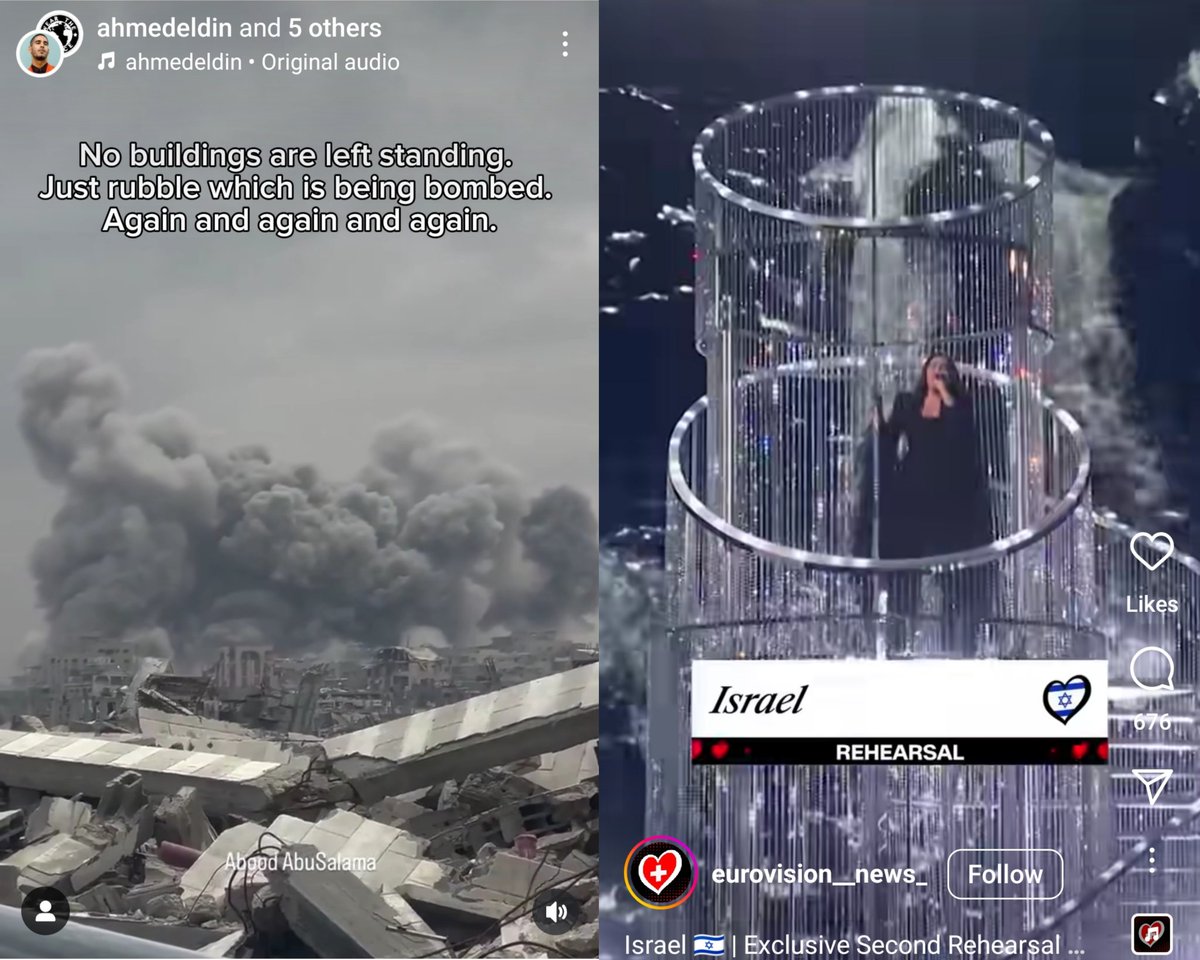 MJibranNasir's tweet photo. As bombs fall on Gaza and a genocide rages in plain sight, the West cheers on sparkle-drenched Israeli pop stars at Eurovision — a schizophrenic split-screen reality where the Euro-pop spectacle drowns out the sound of war crimes. https://t.co/x46BUv77fS
