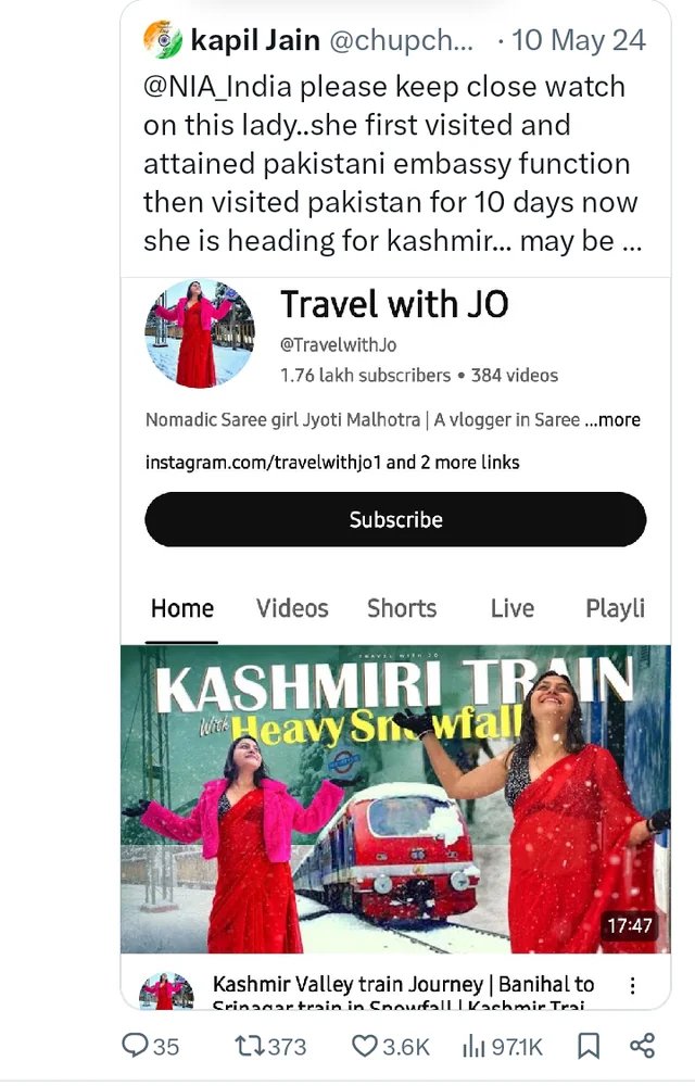 AstuteGaba's tweet photo. Some snippets from the comment section of Jyoti Malhotra's China vlog last year
Jyoti was in radar since last year
#EhsanurRahim #Danish #Pakistan #Hisar #JyotiMalhotra #RahulGandhi #Espionage #Pakistan #IndiaPakistanWar #Islamabad #NurKhanBase #PakistanArmy #JammuAttack #PakistanArmy #Rawalpindi #Haryana #PahalgamTerroristAttack #Islam #TerroristAttack #Jihad