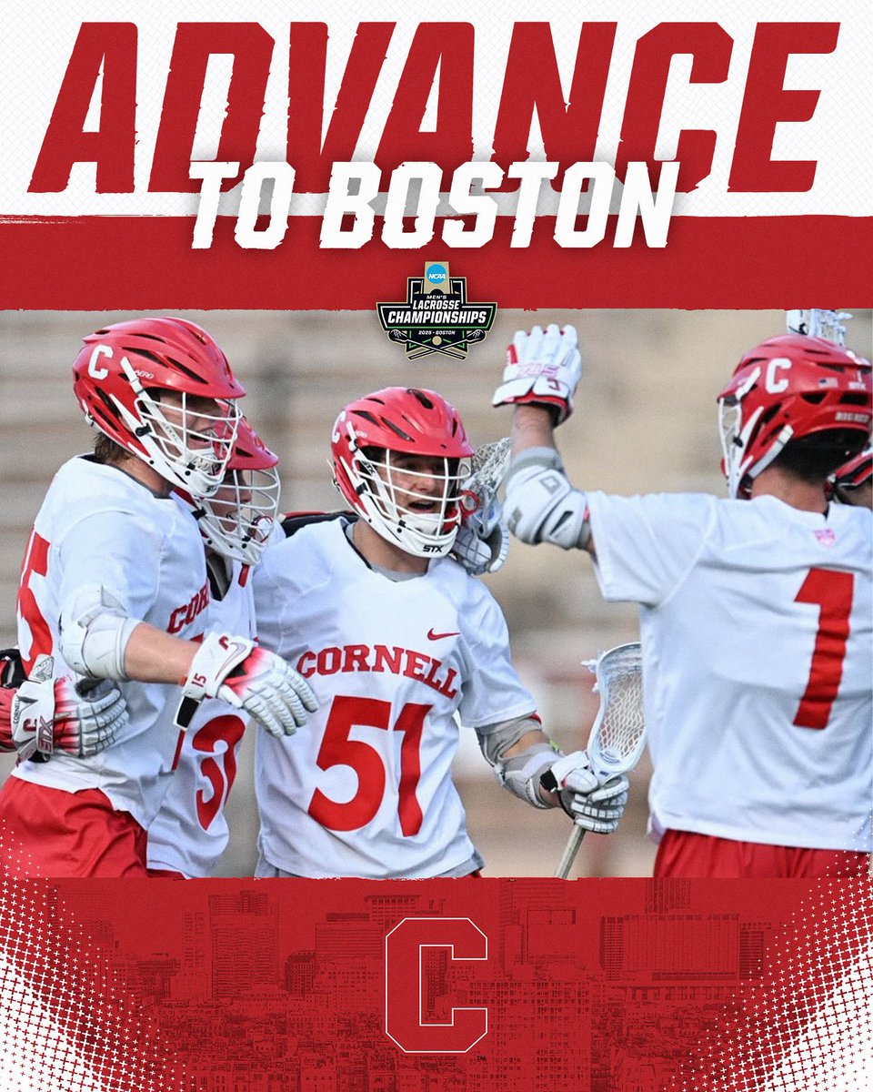 NCAA Lacrosse (@ncaalax) on Twitter photo THE BIG RED ARE HEADED TO BOSTON βΌοΈ
(1) <a href="/CornellLacrosse/">Big Red Lacrosse</a> defeats Richmond, 13-12, to advance to the National Semifinals of the 2025 NCAA DI Menβs Lacrosse Tournament in Boston, Massachusetts.
#NCAAMLAX THE BIG RED ARE HEADED TO BOSTON βΌοΈ
(1) <a href="/CornellLacrosse/">Big Red Lacrosse</a> defeats Richmond, 13-12, to advance to the National Semifinals of the 2025 NCAA DI Menβs Lacrosse Tournament in Boston, Massachusetts.
#NCAAMLAX