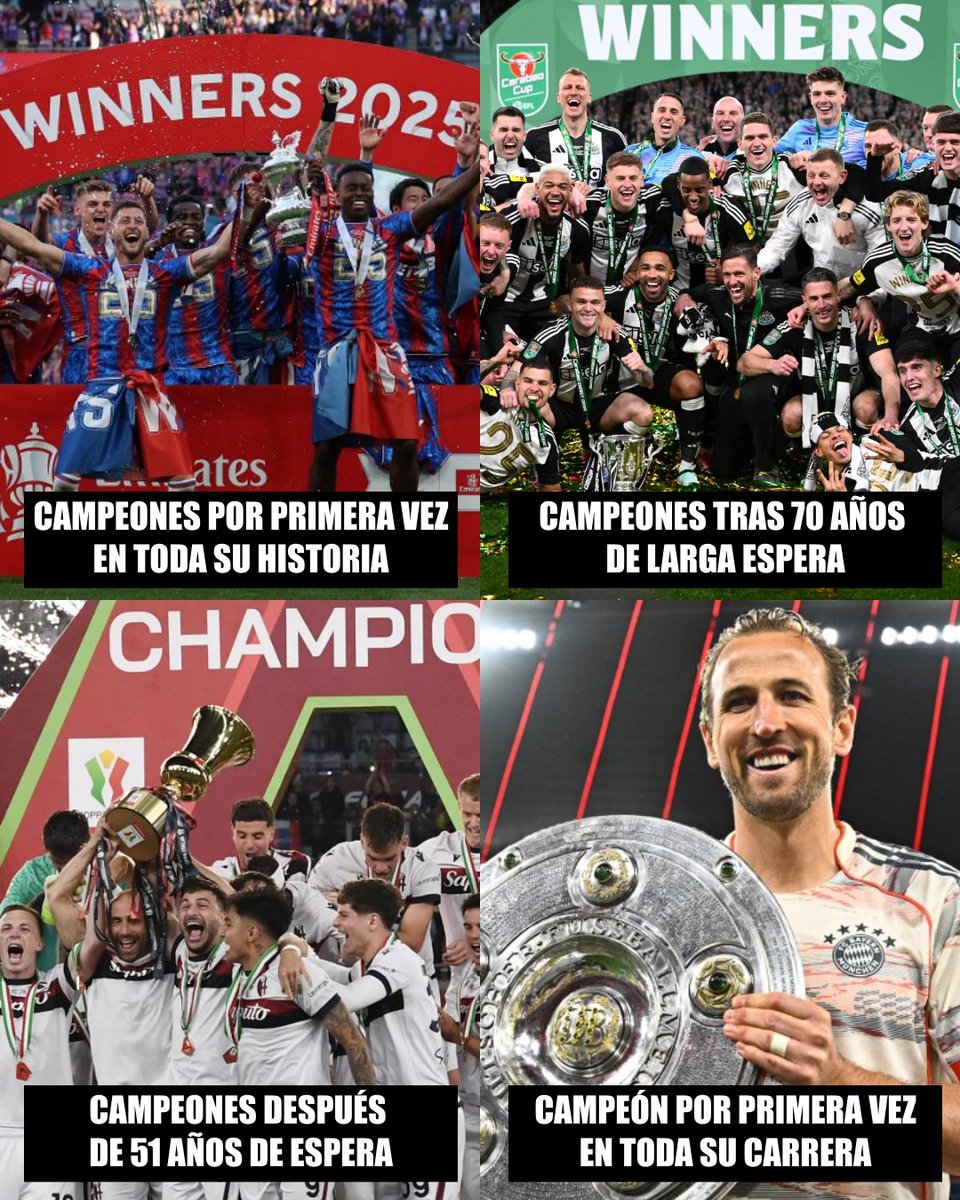 ¡¡SIMPLEMENTE EL DEPORTE MÁS HERMOSO DEL MUNDO!!

➤ Crystal Palace fue campeón de un título mayor por primera vez en ¡¡119 AÑOS!! de historia.

➤ Newcastle United volvió a ser campeón de un título mayor después de ¡¡70 AÑOS!! de espera.

➤ Bologna volvió a ser campeón de un