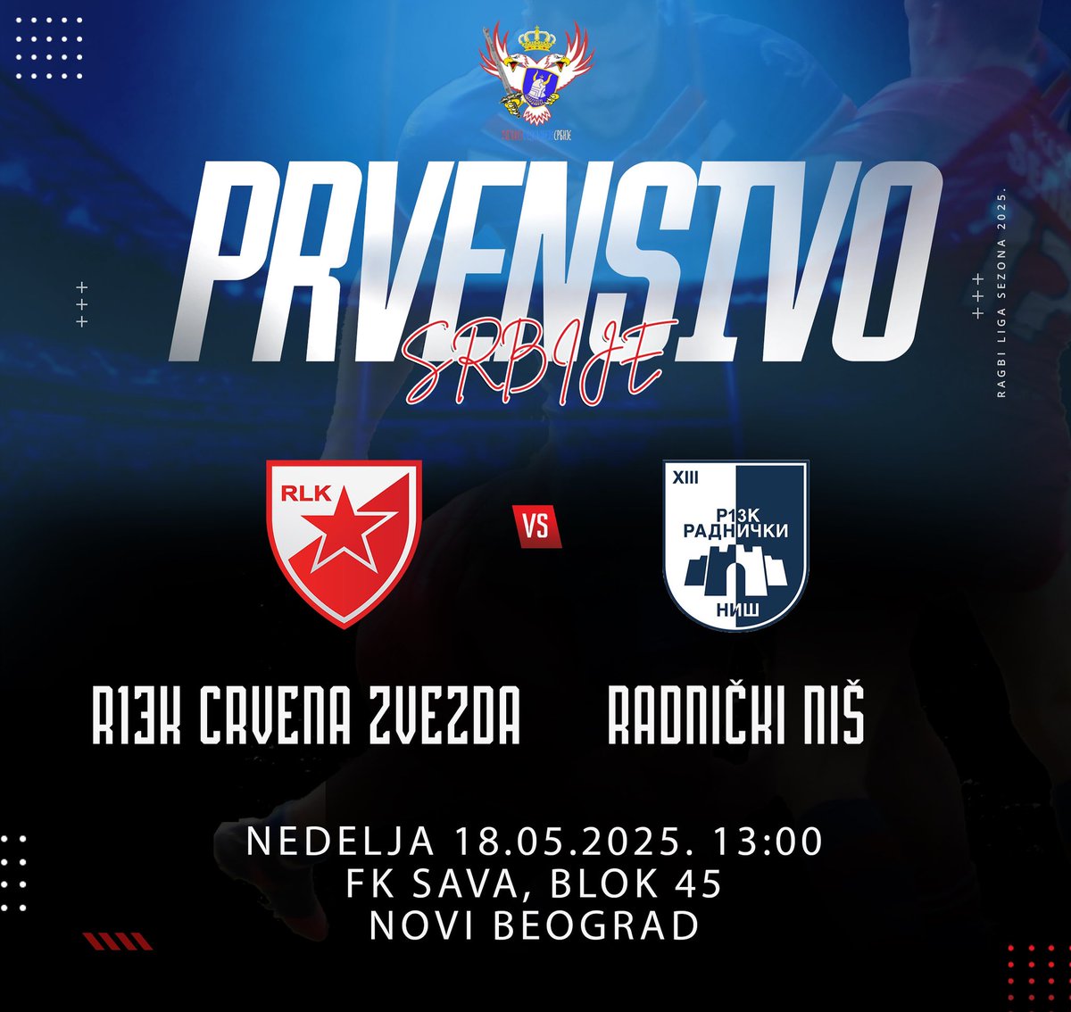 Serbian Championship 🏆

This weekend, we’re looking forward to the match between <a href="/RedStarRL/">Red Star Belgrade Rugby League Club</a> 🆚 @rlkradnickinis

📆 May 18, 2025
⏰ 1:00 PM
📍 FK Sava, New Belgrade

You can watch the live broadcast of the match on our Facebook page.