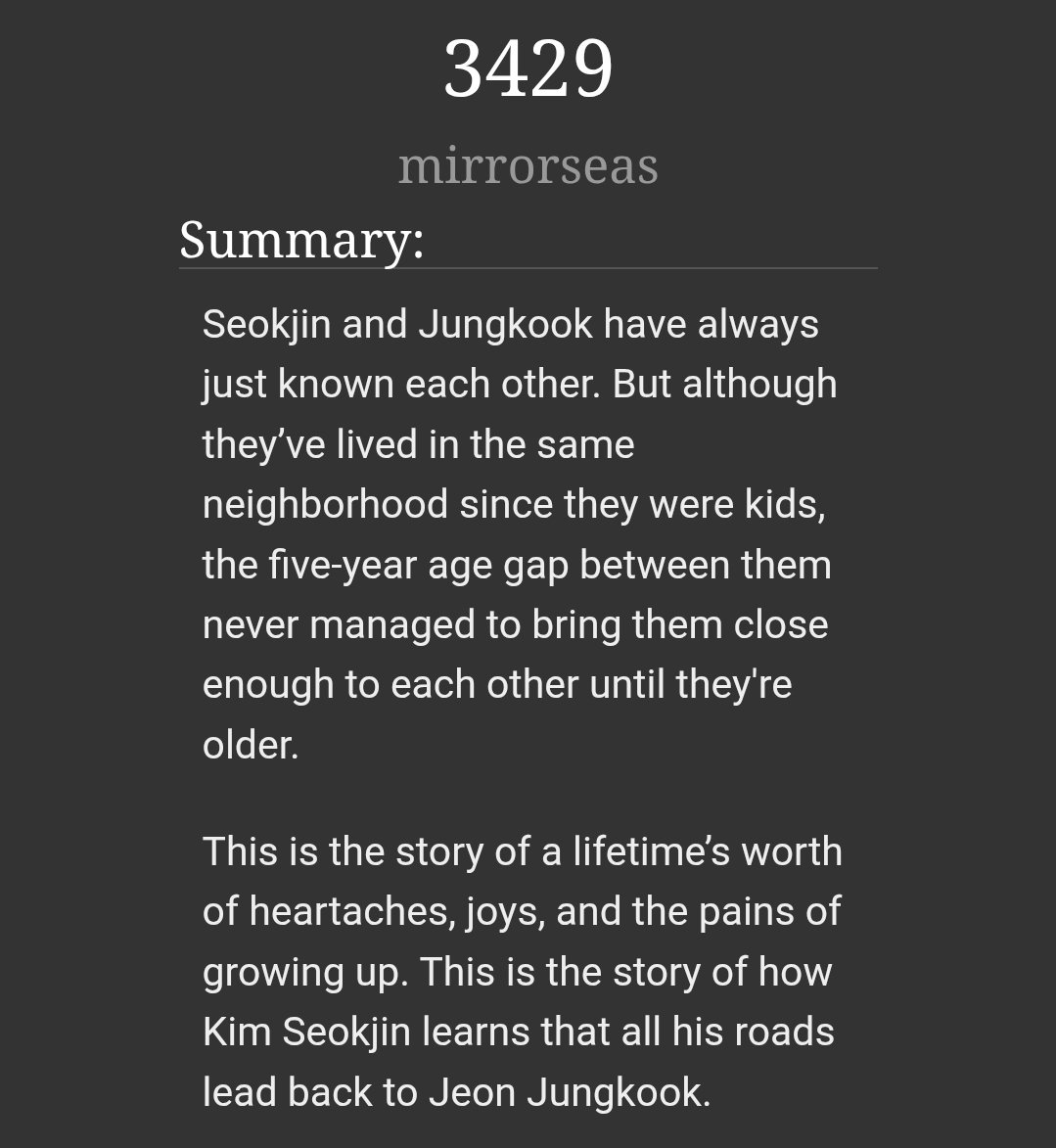 Fic: 3429
Pairing: jinkook
Author: mirrorseas 
Tag: slow burn, happy ending hopefully 
Another great read, i got so into it that everytime mansu came up i got mad hehe.
archiveofourown.org/works/61958026…

#jinkookau #fanfction
