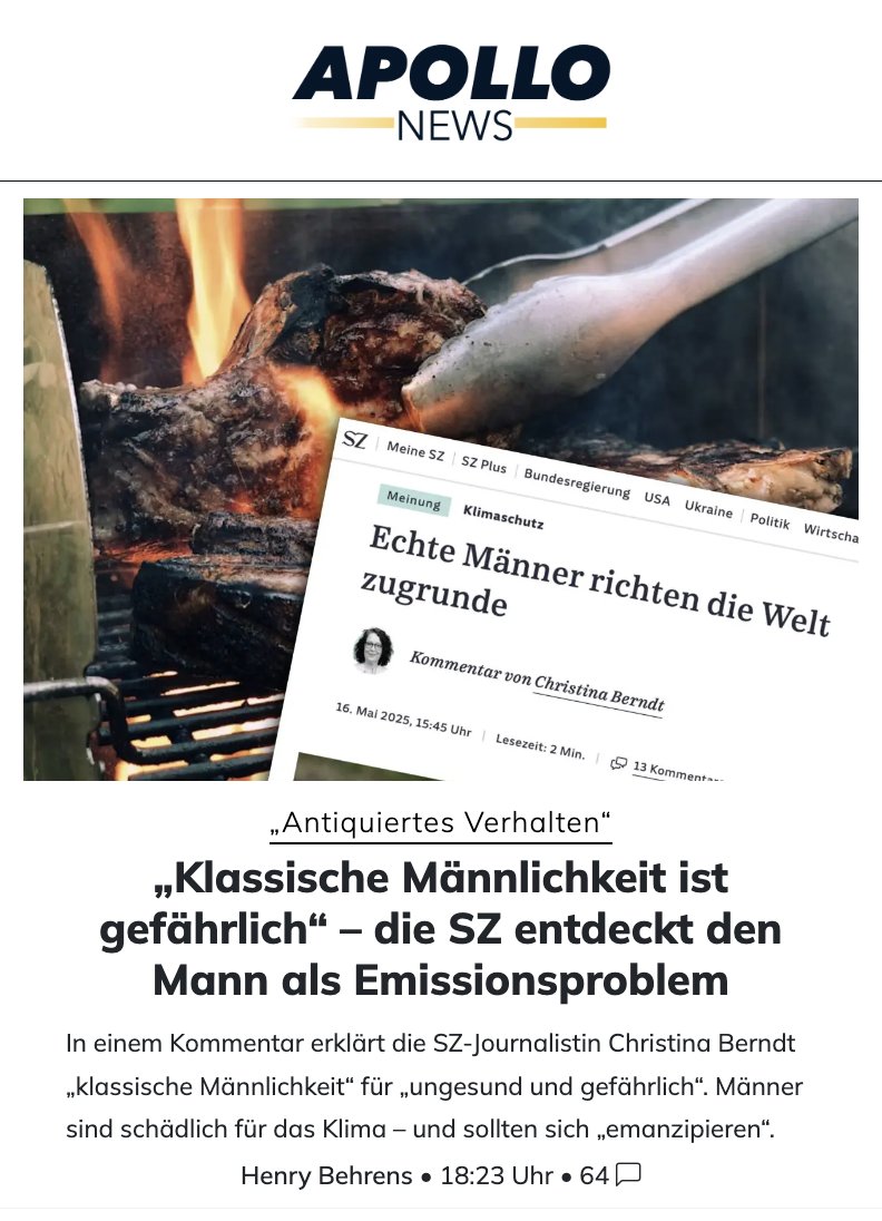 Ich geb auch immer den Männern die Schuld, wenn das Wetter schlecht ist – oder irgendwo ein Sack Reis umfällt. 

Wenn sich nur endlich mehr Männer „emanzipieren“ würden. Wozu haben wir das Selbstbestimmungsgesetz 😅 
apollo-news.net/klassische-mnn…