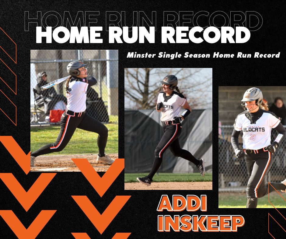 With her home runs yesterday (#12 and #13), <a href="/AddiInskeep/">Addi Inskeep</a> has broken the Minster Single Season Home Run Record! 
🥎🧡🐾
Congratulations, Addi!