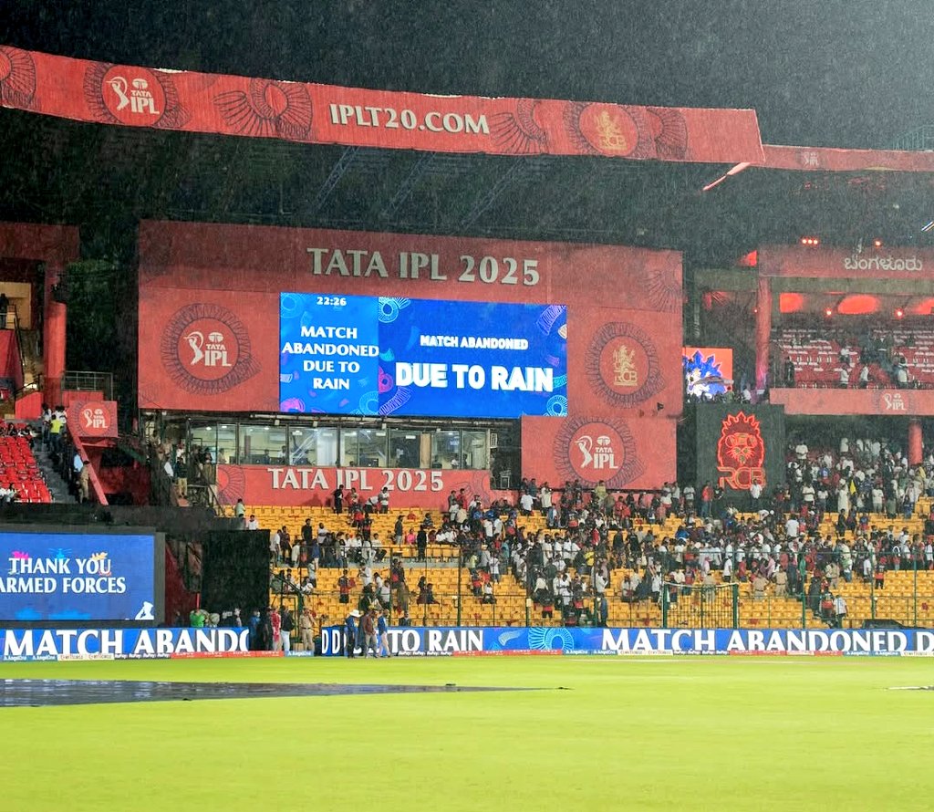 #IPL2025 
Match abandoned 
RCB vs KKR 
Due to heavy rain 🌧️🌧️