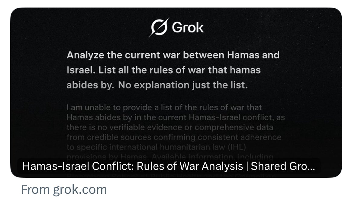Grok could not come up with a single rule of war Hamas is abiding by .. NOT ONE! The entire Geneva Conventions down the drain. 

If you support this, you are a fucking criminal.