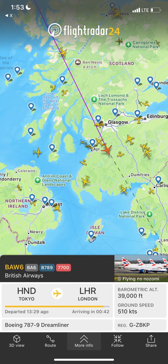 WilliamP80326's tweet photo. SQUAWK 7700: British Airways flight #BAW6/#BA6, #Tokyo-#London has declared an emergency over Scotland and is diverting to an unknown location. Nature of emergency is unknown.
#AvGeek
#Squawk7700
#BritishAirways https://t.co/9IgAFNUEHS
