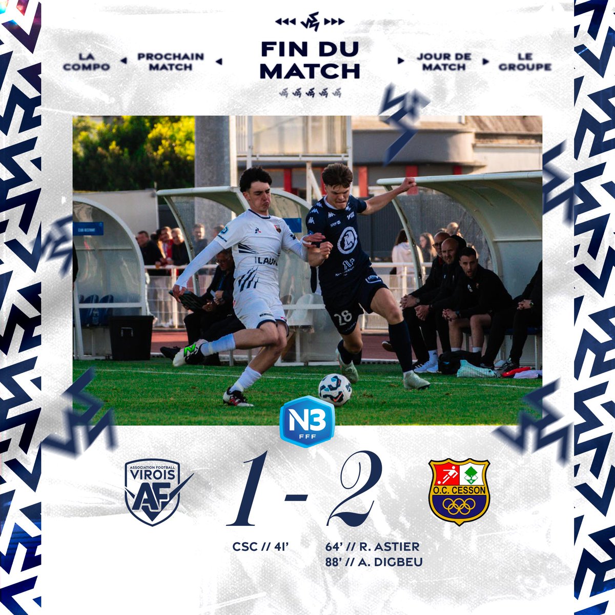 AfVirois's tweet photo. 🛑 𝙁𝒊𝙣 𝙙𝒖 𝒎𝙖𝒕𝙘𝒉 🆚 𝒍’ @OCCessonFoot  

😤 Nos Virois s’inclinent pour cette dernière journée et voient leurs espoirs de montée s’envolaient avec la victoire du FC Lorient…

#AFVOCC #TeamAFV #AFV #AFVirois #EspritClub #National3 https://t.co/XHtrZtVHgt