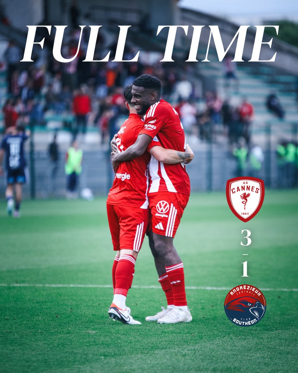 ASCannes1902's tweet photo. ⏱️ 90’ Fin du match et de cette saison en beauté avec une victoire !

Nos Cannois ont livré une belle prestation, ponctuée par des buts de Julien Domingues, Maxime Blanc et Désiré Sègbè.

Rendez-vous l’année prochaine, tous ensemble ❤️🤍

3️⃣-1️⃣ | #ASCABFC https://t.co/KoF9POfPtR