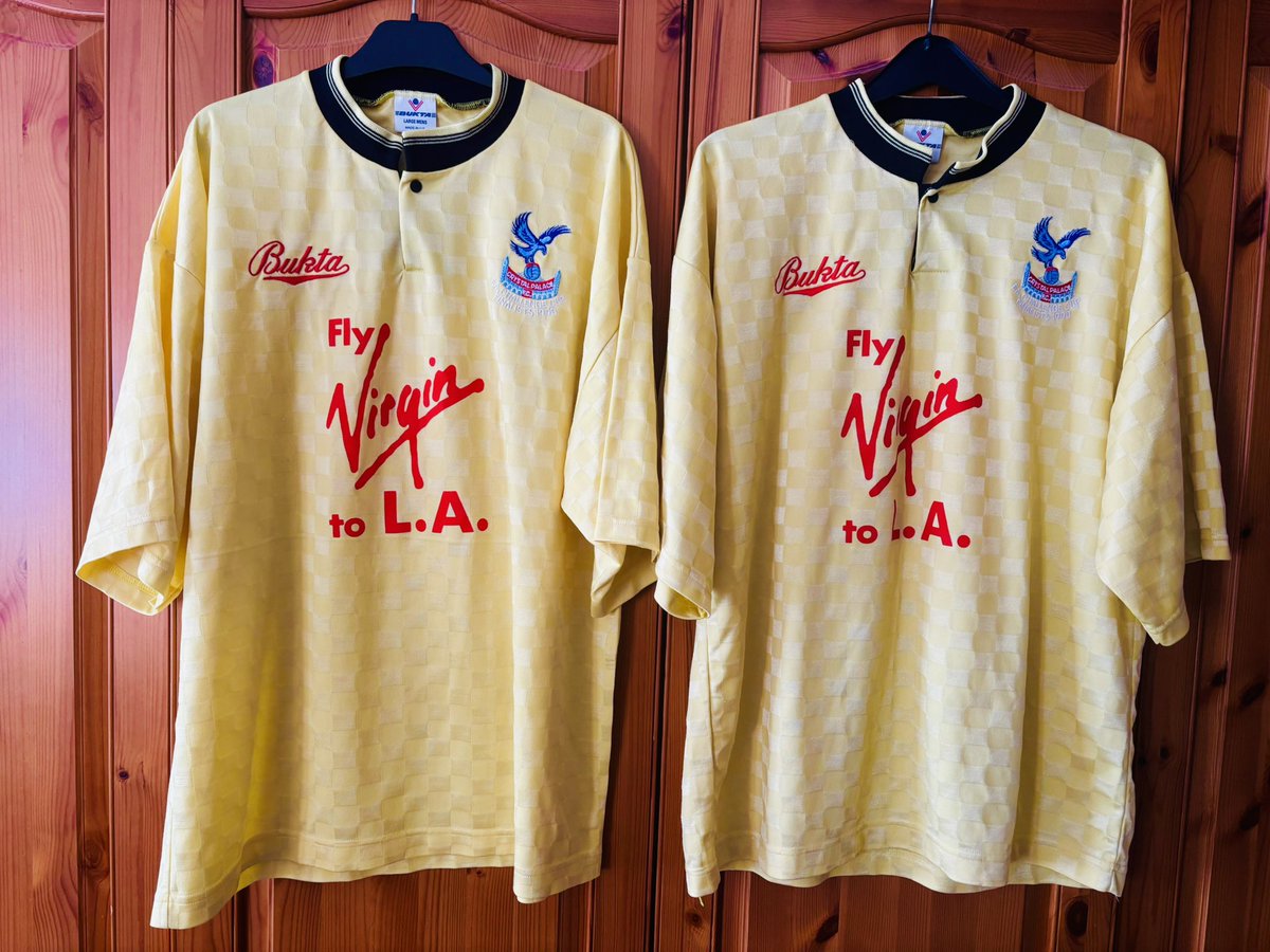 Slatsman's tweet photo. What timing in these incredible arrivals with #cpfc winning the FA Cup

This shirt is so rare but to get 2! Clubs with 4th shirts were almost unknown

1990/91 Crystal Palace Bukta 4th match shirts. Believed to be worn in pre-season friendly + maybe Replay designed shirt

Chuffed! https://t.co/w2nGPV5AyB