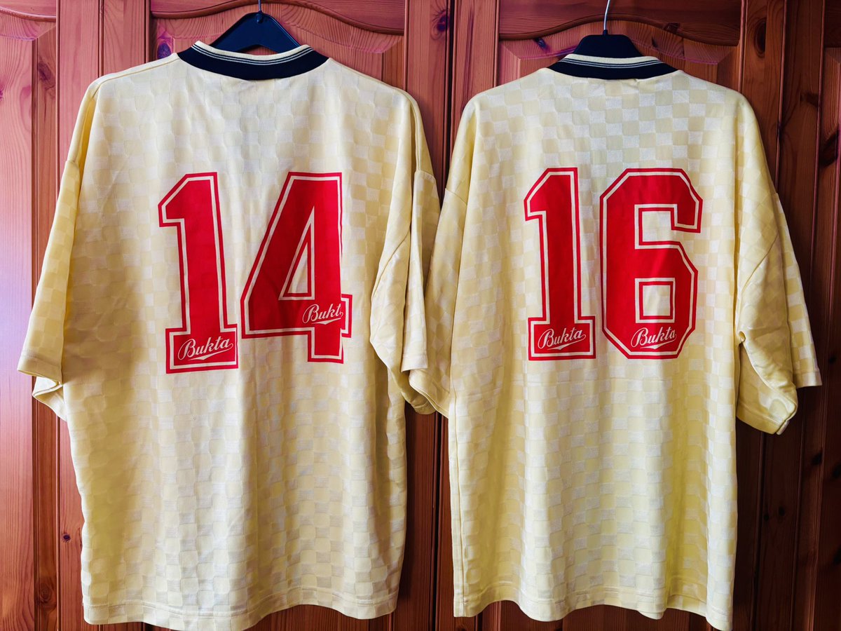 Slatsman's tweet photo. What timing in these incredible arrivals with #cpfc winning the FA Cup

This shirt is so rare but to get 2! Clubs with 4th shirts were almost unknown

1990/91 Crystal Palace Bukta 4th match shirts. Believed to be worn in pre-season friendly + maybe Replay designed shirt

Chuffed! https://t.co/w2nGPV5AyB