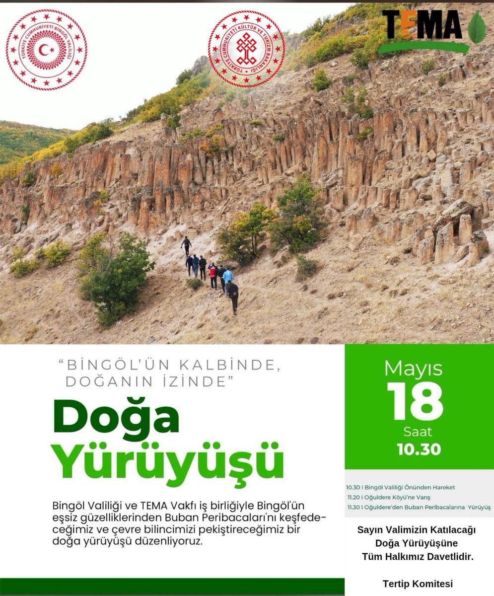 ahusta07's tweet photo. Valiliğimiz ve Tema Vakfı Bingöl Şubesi işbirliğiyle 18 Mayıs Pazar günü Oğuldere Köyünden Buban Peribacalarına doğa yürüyüşü yapıyoruz.  Gelin hep birlikte yürüyelim. Bingölümüzün güzelliklerini Türkiye ve dünyayla paylaşalım. https://t.co/RqrxpntjP2