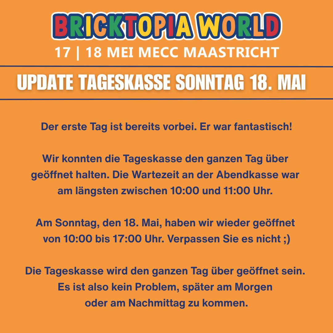 DutchbricksRLUG's tweet photo. Bricktopia World Dag 1 zit er op! 

Morgen zal de dagkassa ook weer de hele dag open zijn dus kom gerust (’s morgens of ’s middags) naar Bricktopia World in MECC Maastricht.

Voor meer informatie: https://t.co/Z3BexKc8O8

#bricktopiaworld #dutchbricks #lego #MECC #maastricht https://t.co/RrHusPOelO