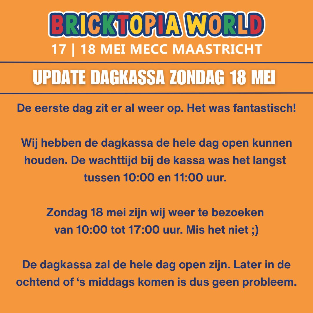DutchbricksRLUG's tweet photo. Bricktopia World Dag 1 zit er op! 

Morgen zal de dagkassa ook weer de hele dag open zijn dus kom gerust (’s morgens of ’s middags) naar Bricktopia World in MECC Maastricht.

Voor meer informatie: https://t.co/Z3BexKc8O8

#bricktopiaworld #dutchbricks #lego #MECC #maastricht https://t.co/RrHusPOelO