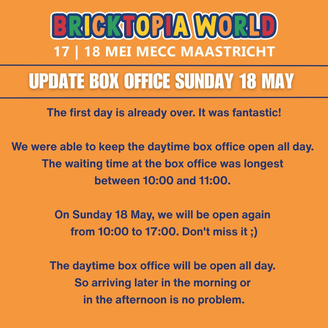 DutchbricksRLUG's tweet photo. Bricktopia World Dag 1 zit er op! 

Morgen zal de dagkassa ook weer de hele dag open zijn dus kom gerust (’s morgens of ’s middags) naar Bricktopia World in MECC Maastricht.

Voor meer informatie: https://t.co/Z3BexKc8O8

#bricktopiaworld #dutchbricks #lego #MECC #maastricht https://t.co/RrHusPOelO