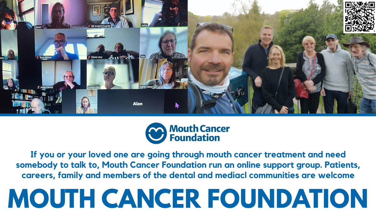 The Mouth Cancer Foundation holds a very friendly and supportive online Support Group Meeting for patients and family members at 7pm every Monday evening.  DM if you would like details on how to join. #support #together