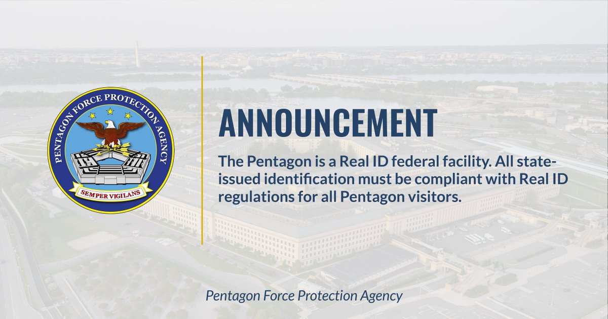 The Pentagon is now REAL ID-compliant. Visitors to the #Pentagon using state-issued identification must meet the REAL ID Act of 2005 standards as proof of identity.

Don't have Real ID? Browse the list of accepted forms of identification on our website:  pfpa.mil/Topics/Visitin…