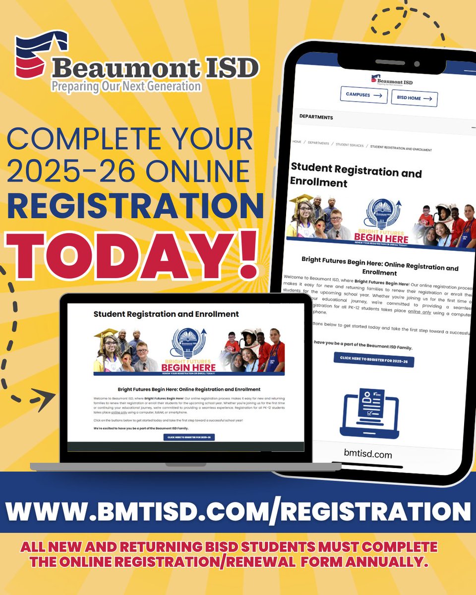 Complete your 2025–26 online registration TODAY at bmtisd.com/registration! 💻📱
✅ All NEW and RETURNING students must complete the annual registration/renewal form.
Don’t wait—secure your spot for the upcoming school year!