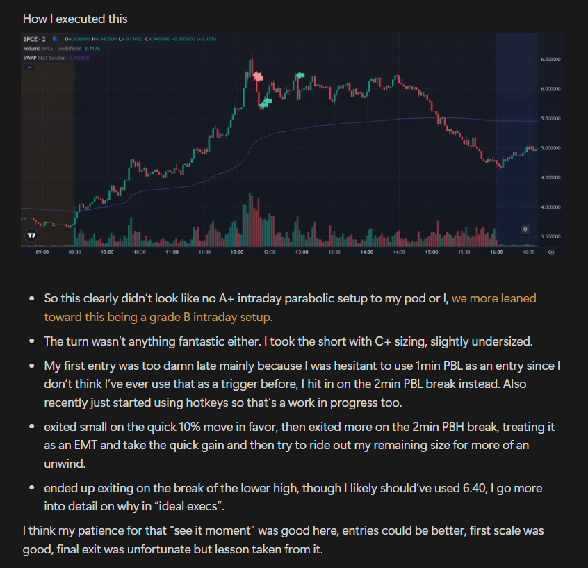 KennethBosss's tweet photo. Another MR rep on $SPCE
Was watching this on the side since it reported yesterday and got price alerted when it came up to PMH. I personally didn't love taking the PMH break unless it consolidated tightly under that level since it had just moved 2 ATR's, 45 mins after the open. You could make the argument there were some spots to scalp long as it was climbing, I personally wanted to sit out and see if an unsustainable move formed to short. Variables for the short are: was up +95% at highs. slope was steep, capitulatory volume, and hadn't broke 5min PBL for over an hour.