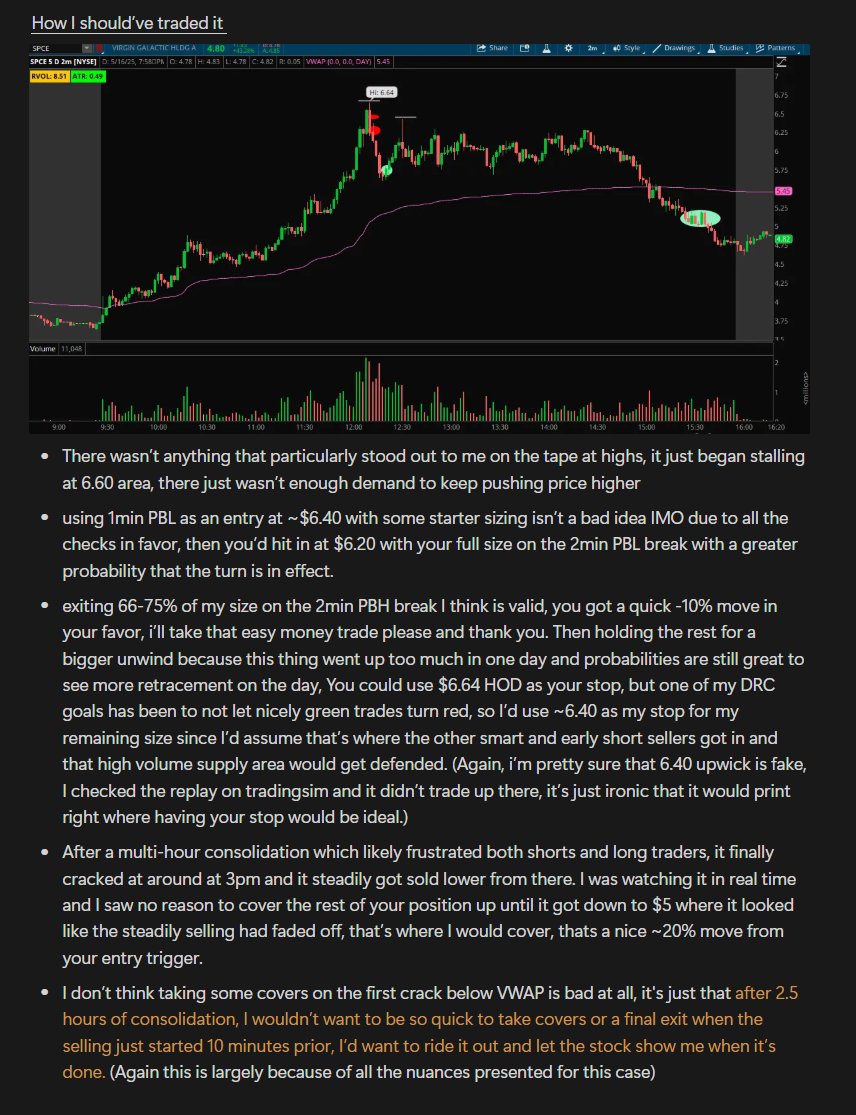 KennethBosss's tweet photo. Another MR rep on $SPCE
Was watching this on the side since it reported yesterday and got price alerted when it came up to PMH. I personally didn't love taking the PMH break unless it consolidated tightly under that level since it had just moved 2 ATR's, 45 mins after the open. You could make the argument there were some spots to scalp long as it was climbing, I personally wanted to sit out and see if an unsustainable move formed to short. Variables for the short are: was up +95% at highs. slope was steep, capitulatory volume, and hadn't broke 5min PBL for over an hour.