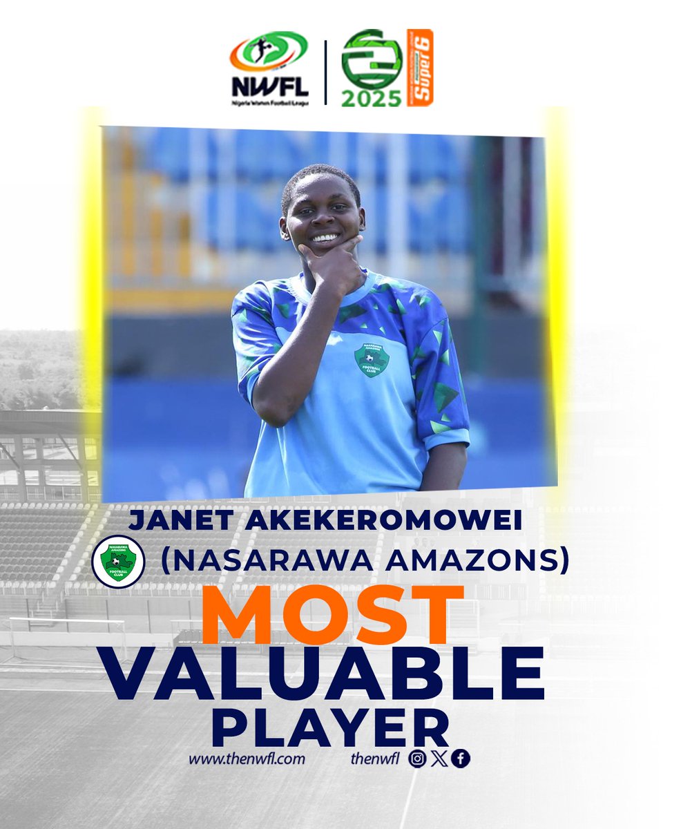 🥅2025 NWFL Premiership Super 6 Most Valuable Player

Jenat Akekeromowei of Nasarawa Amazons  ✅ 

Scored 4 goals in Super 6 and 13 overall 👏🎉

#NWFL25| #NWFLPremiershipSuper6|
#WomenFootballRising