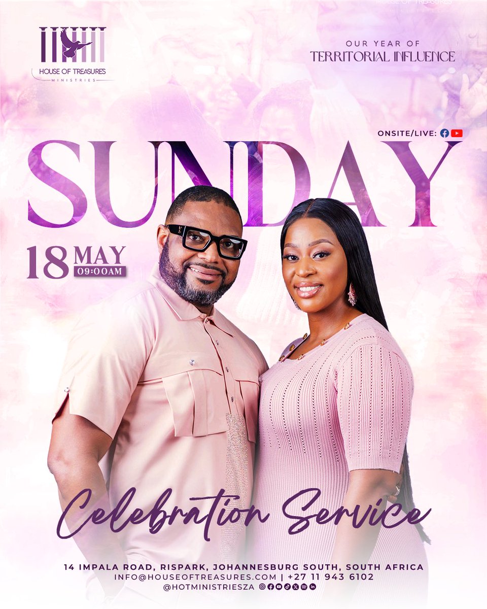 HoTMinistriesZA's tweet photo. SUNDAY CELEBRATION SERVICE
You are dearly invited to fellowship with us during our #SundayCelebrationService. Service begins at 9am sharp. Don’t come alone and insure you don’t leave your expectations at home !!
#HOTMinistriesZa
#SundayCelebrationService
#TerritorialInflunece https://t.co/ATrtgKwwSA