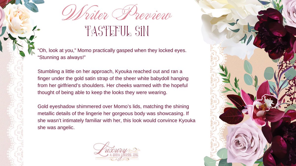 So excited to be able to share my SFW piece I wrote for <a href="/BnhaLuxuryZine/">Luxury: A BNHA Lingerie Zine</a>!

Leftover Sales are only open for 3 more weeks, come take a look at what's available luxurybnha.bigcartel.com

Tasteful Sin
T | MomoJirou | Photoshoot | Angel &amp; Devil
archiveofourown.org/works/65643202